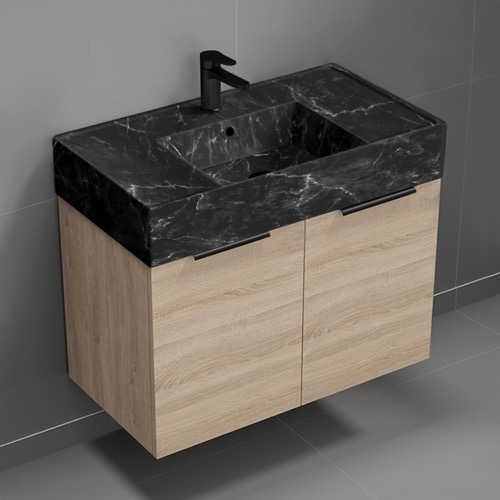 Nameeks DERIN996 Wall Mounted Bathroom Vanity With Black Marble Design Sink, 32 Inch, Modern, Brown Oak